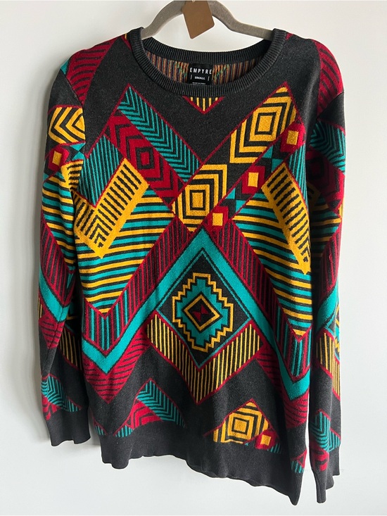 Empyre Other - Empyre Black Crewneck Sweater with Teal, Mustard and Red Geometric Pattern